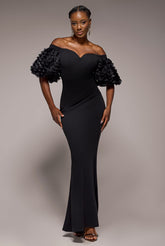 Goddiva Off The Shoulder 3D Puffed Sleeve Sweetheart Maxi Dress - Black